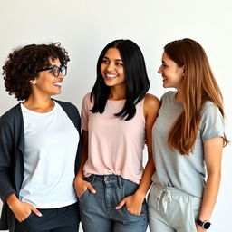 Three young women standing together, smiling joyfully at each other, showcasing their strong connection