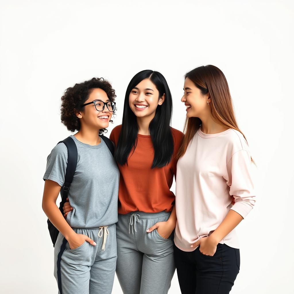 Three young women standing together, smiling joyfully at each other, showcasing their strong connection
