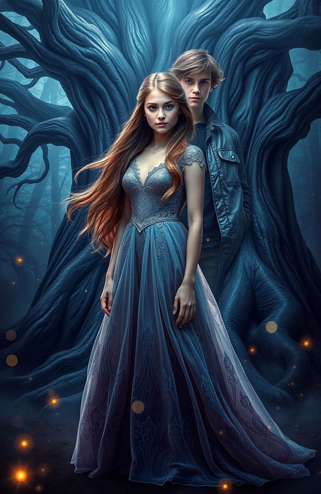 A captivating fantasy book cover featuring a teenage girl standing confidently in the foreground, with a teenage boy partially visible behind her, embodying the shadow of their past life