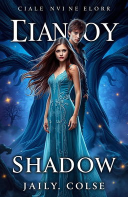 A captivating fantasy book cover featuring a teenage girl standing confidently in the foreground, with a teenage boy partially visible behind her, embodying the shadow of their past life