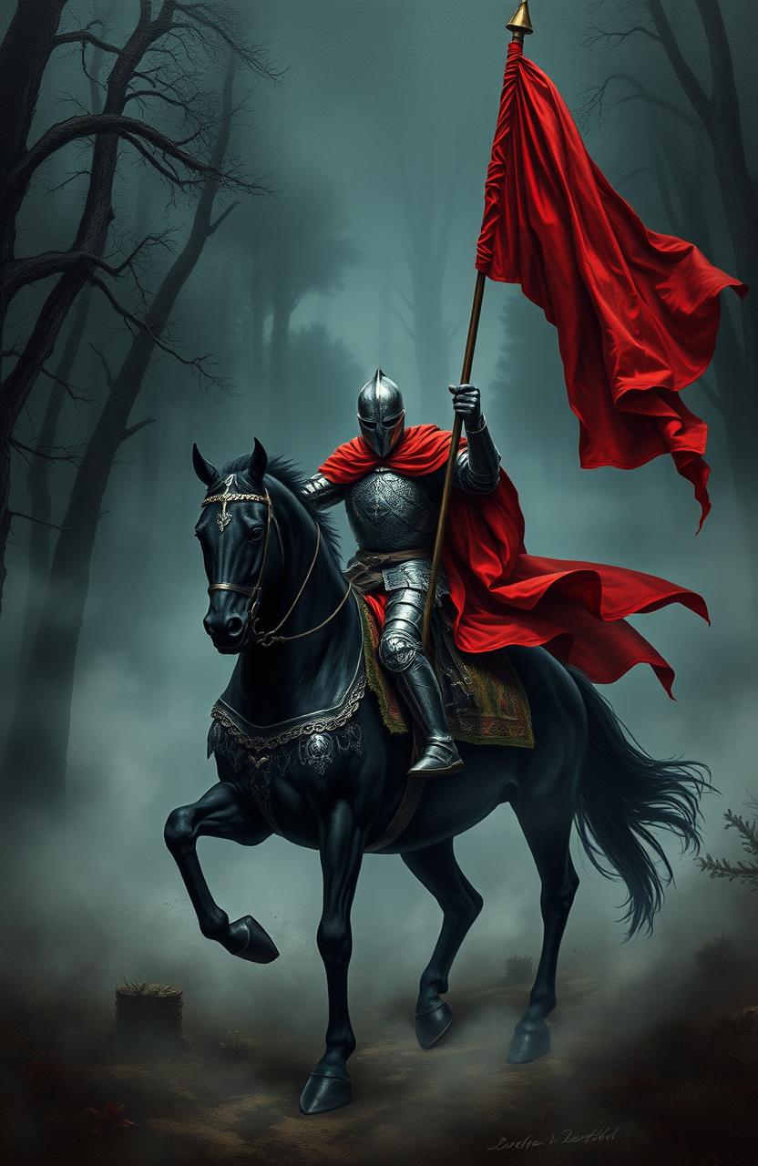 A dramatic and macabre painting featuring a medieval knight clad in detailed armor, holding a striking red flag