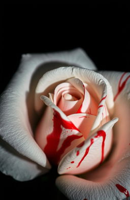 A close-up of a pristine white rose with intricate petals, highlighted against a dark, moody background