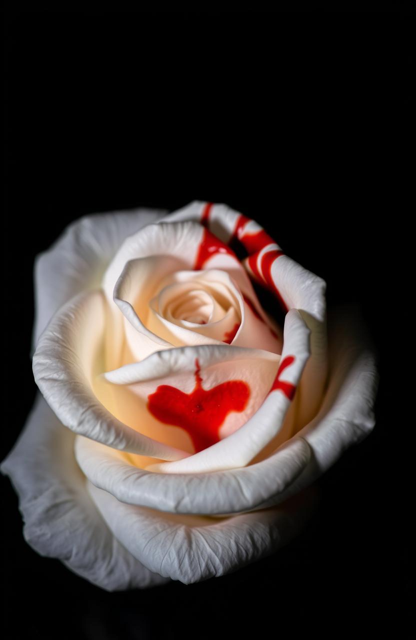 A close-up of a pristine white rose with intricate petals, highlighted against a dark, moody background