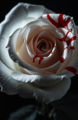 A close-up of a pristine white rose with intricate petals, highlighted against a dark, moody background