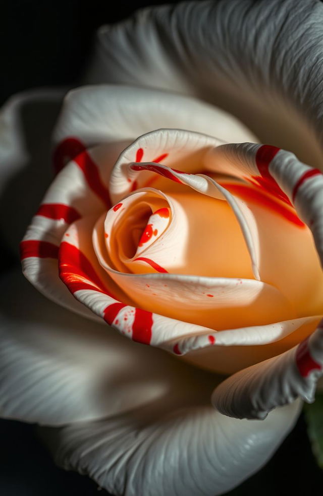A close-up of a pristine white rose with intricate petals, highlighted against a dark, moody background