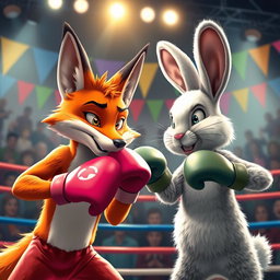 A vibrant and dynamic scene of a fox and a rabbit engaged in a boxing match