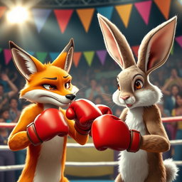 A vibrant and dynamic scene of a fox and a rabbit engaged in a boxing match