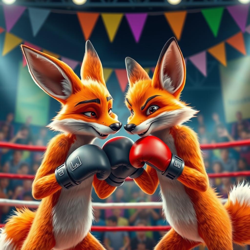 A vibrant and dynamic scene of a fox and a rabbit engaged in a boxing match