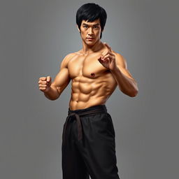 A hyper-realistic, full-body portrait of Bruce Lee, showcasing his iconic martial artist physique and stance