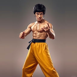 A hyper-realistic, full-body portrait of Bruce Lee, showcasing his iconic martial artist physique and stance