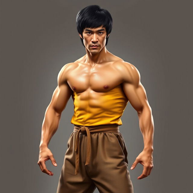 A hyper-realistic, full-body portrait of Bruce Lee, showcasing his iconic martial artist physique and stance