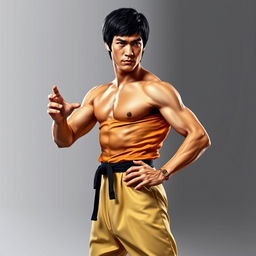 A hyper-realistic, full-body portrait of Bruce Lee, showcasing his iconic martial artist physique and stance