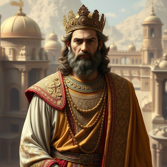 A realistic full-body portrait of Cyrus the Great, the ancient Persian king, standing majestically