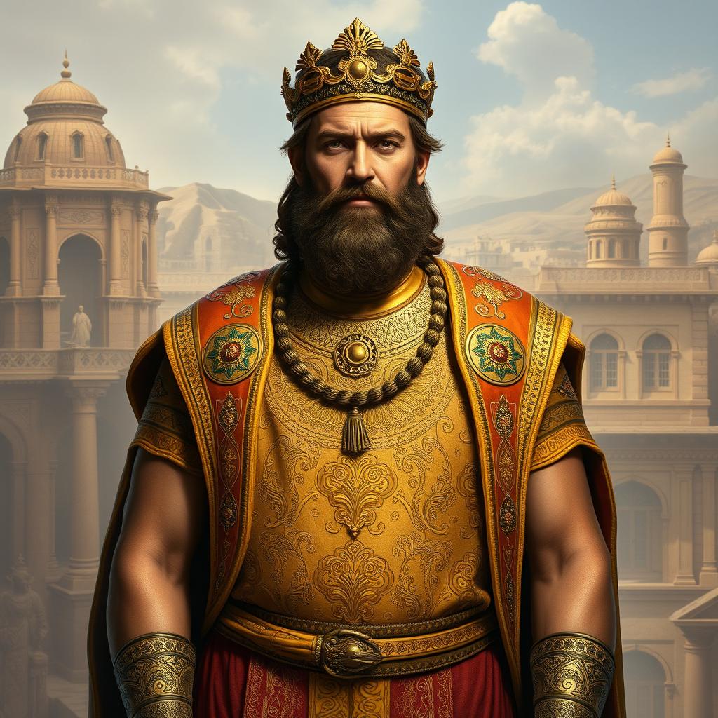 A realistic full-body portrait of Cyrus the Great, the ancient Persian king, standing majestically