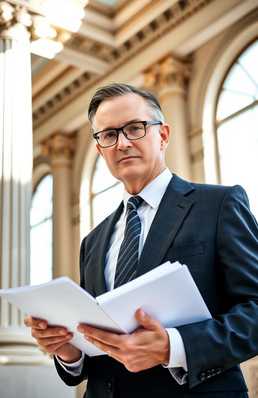 A distinguished looking inspector general in a formal suit, standing with confidence in a lavish government building