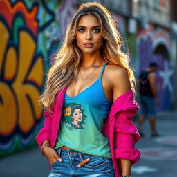 A stunning 30-year-old Brazilian woman styled in trendy young fashion, showcasing vibrant colors and modern clothing designs