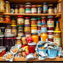 A cluttered kitchen shelf filled with colorful jars and bottles of jams, pickles, and spreads, alongside a chaotic assortment of half-empty condiments