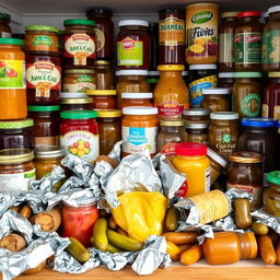 A cluttered kitchen shelf filled with colorful jars and bottles of jams, pickles, and spreads, alongside a chaotic assortment of half-empty condiments