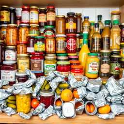 A cluttered kitchen shelf filled with colorful jars and bottles of jams, pickles, and spreads, alongside a chaotic assortment of half-empty condiments