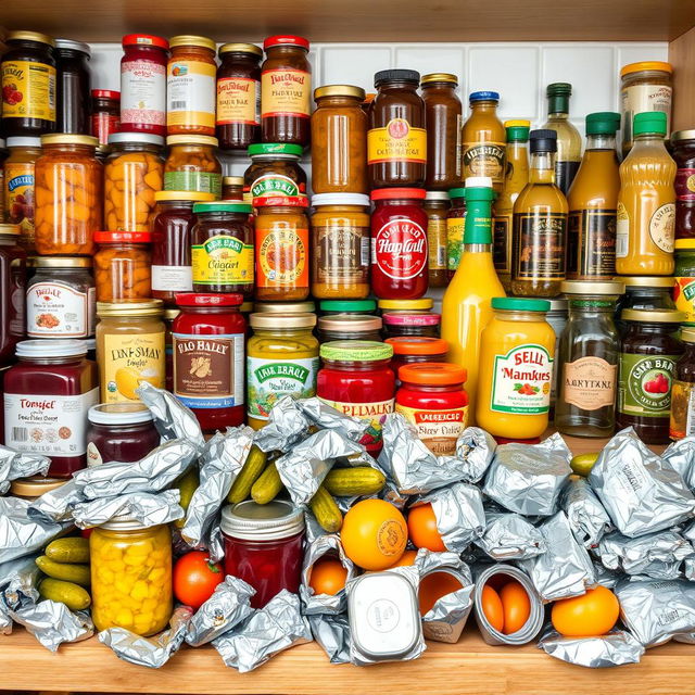 A cluttered kitchen shelf filled with colorful jars and bottles of jams, pickles, and spreads, alongside a chaotic assortment of half-empty condiments