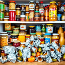 A cluttered kitchen shelf filled with colorful jars and bottles of jams, pickles, and spreads, alongside a chaotic assortment of half-empty condiments