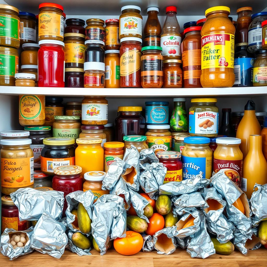 A cluttered kitchen shelf filled with colorful jars and bottles of jams, pickles, and spreads, alongside a chaotic assortment of half-empty condiments