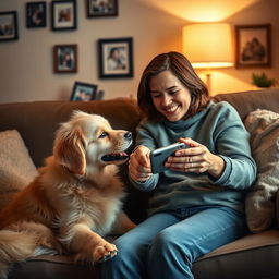 A heartwarming scene depicting a person lovingly handing a mobile phone to their dog