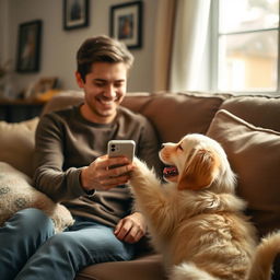 A heartwarming scene depicting a person lovingly handing a mobile phone to their dog