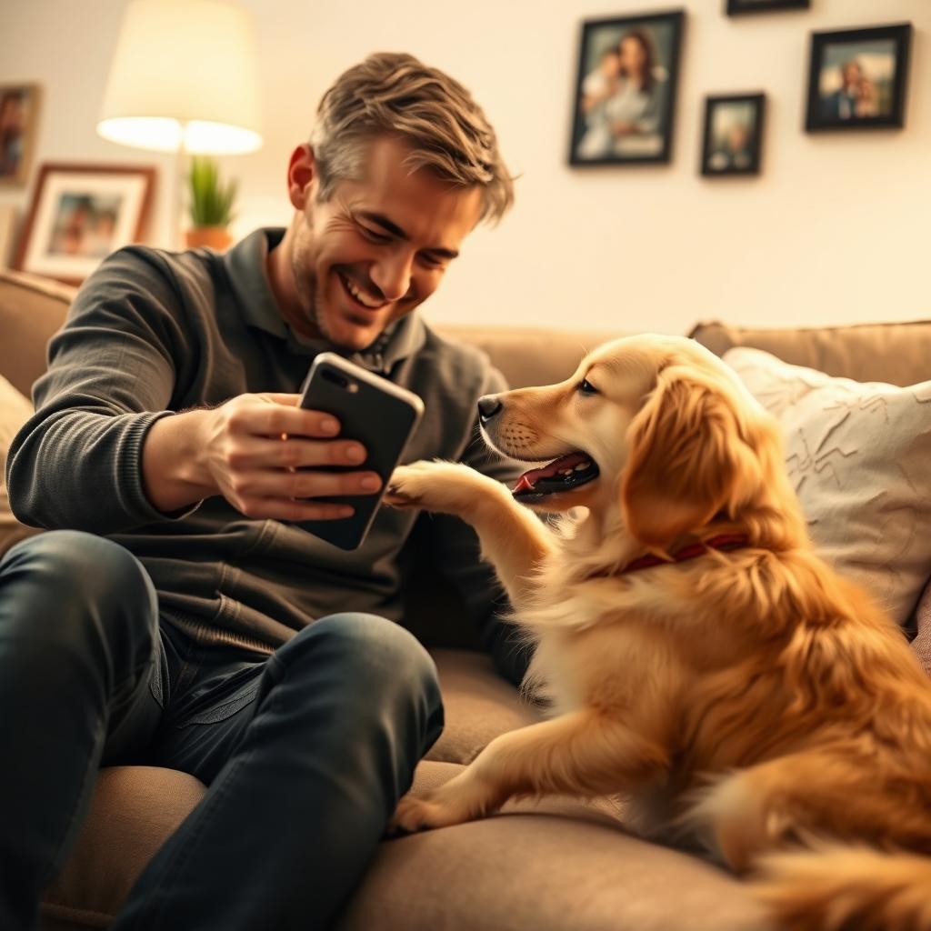 A heartwarming scene depicting a person lovingly handing a mobile phone to their dog