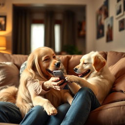 A heartwarming scene depicting a person lovingly handing a mobile phone to their dog