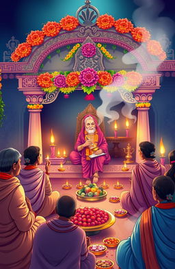 A vibrant illustration depicting the traditional celebration of Swami Samarth's 9 Guruwar Vrat Katha
