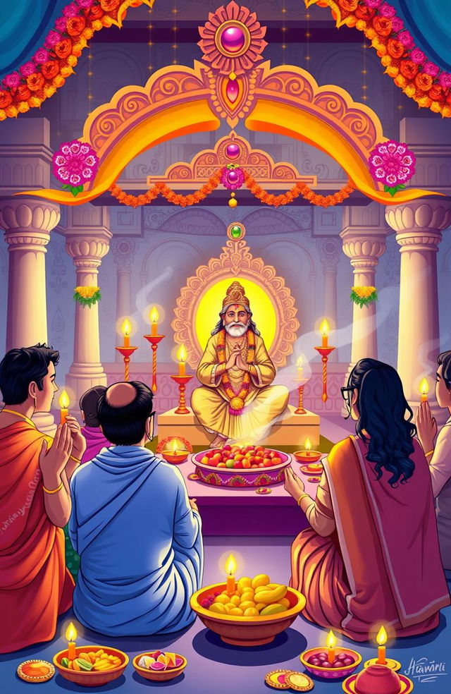 A vibrant illustration depicting the traditional celebration of Swami Samarth's 9 Guruwar Vrat Katha