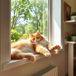 A fluffy domestic cat lounging on a sunny windowsill, basking in the warm sunlight