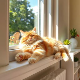 A fluffy domestic cat lounging on a sunny windowsill, basking in the warm sunlight