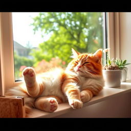 A fluffy domestic cat lounging on a sunny windowsill, basking in the warm sunlight
