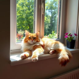 A fluffy domestic cat lounging on a sunny windowsill, basking in the warm sunlight