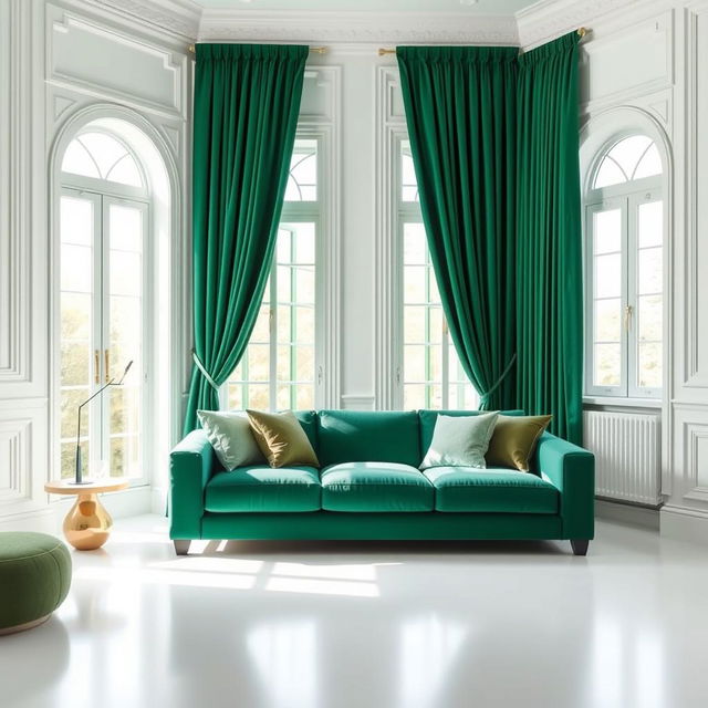 A stylish and elegant drawing room featuring pristine white walls