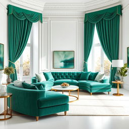 A stylish and elegant drawing room featuring pristine white walls
