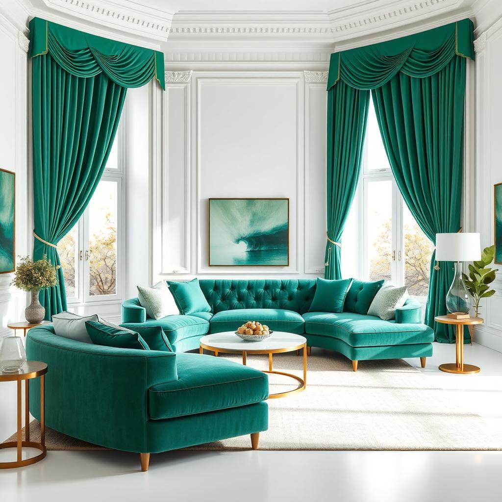 A stylish and elegant drawing room featuring pristine white walls