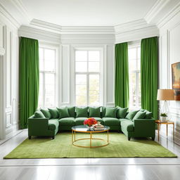 A stylish and elegant drawing room featuring pristine white walls