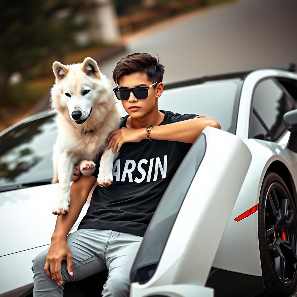 A stunning, cool teenage boy sitting on a white Lamborghini, accompanied by a white wolfdog