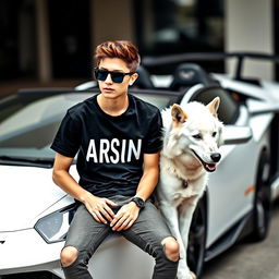 A stunning, cool teenage boy sitting on a white Lamborghini, accompanied by a white wolfdog