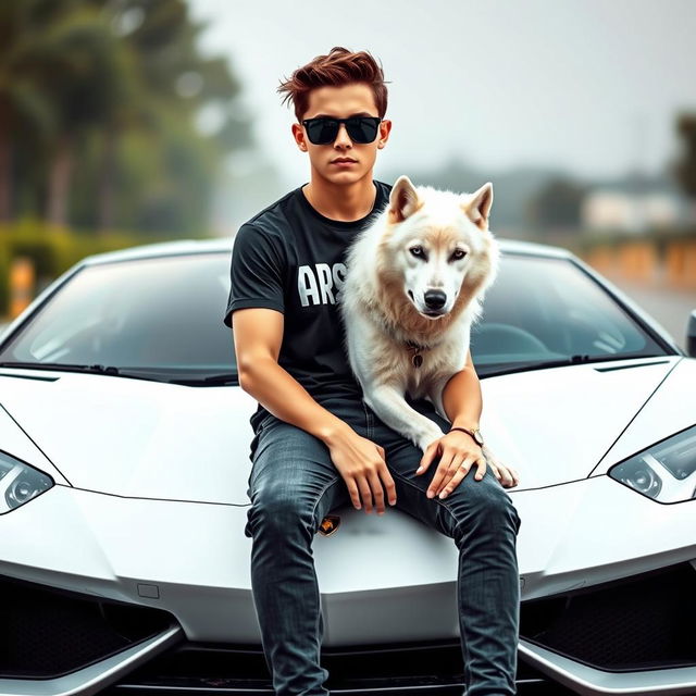 A stunning, cool teenage boy sitting on a white Lamborghini, accompanied by a white wolfdog