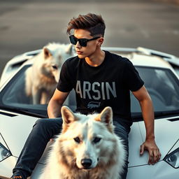 A stunning, cool teenage boy sitting on a white Lamborghini, accompanied by a white wolfdog