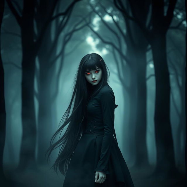 A mysterious girl with striking bloody red eyes and long, flowing black hair