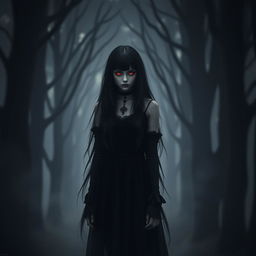 A mysterious girl with striking bloody red eyes and long, flowing black hair