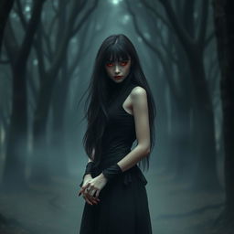 A mysterious girl with striking bloody red eyes and long, flowing black hair