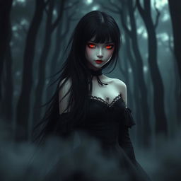 A mysterious girl with striking bloody red eyes and long, flowing black hair