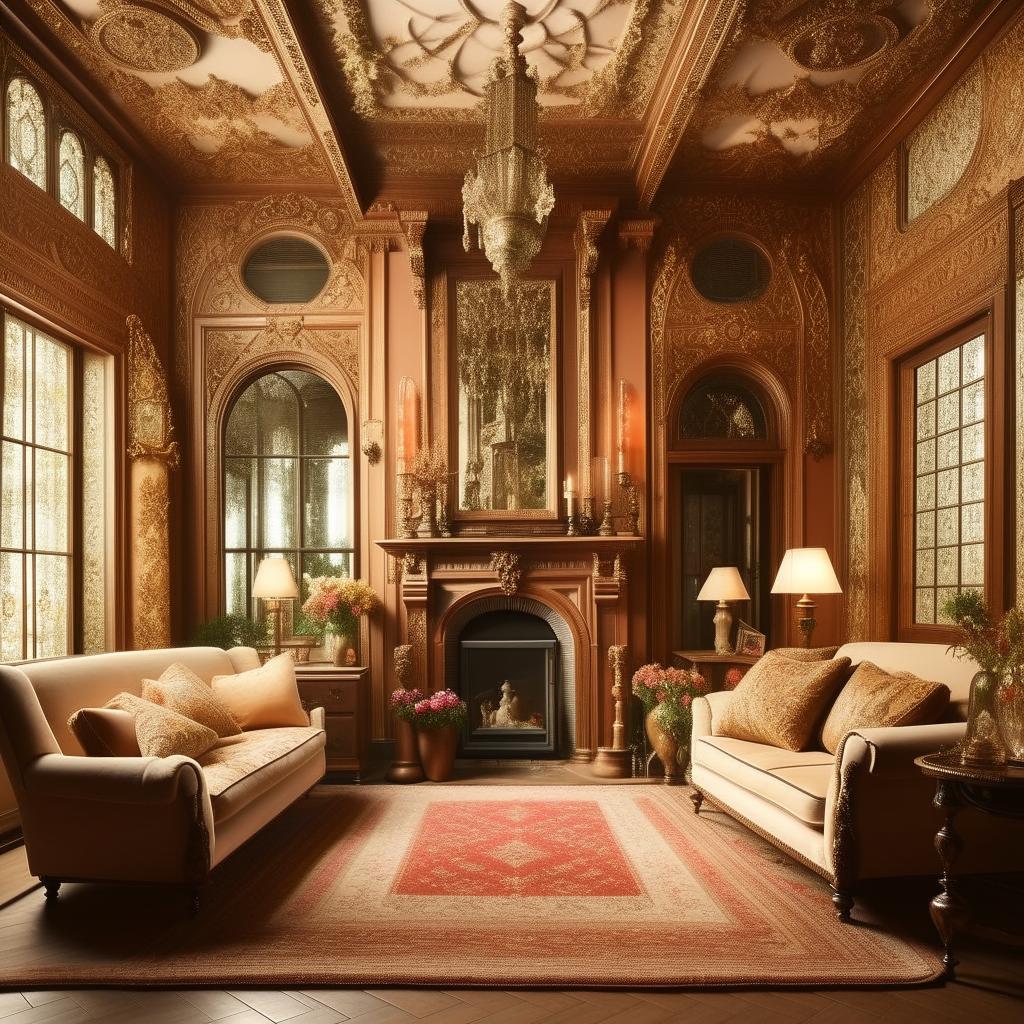 A detailed plan of a Victorian style living room, featuring high ceilings, ornate decorative elements, plush furniture, soft lighting, and vintage rugs