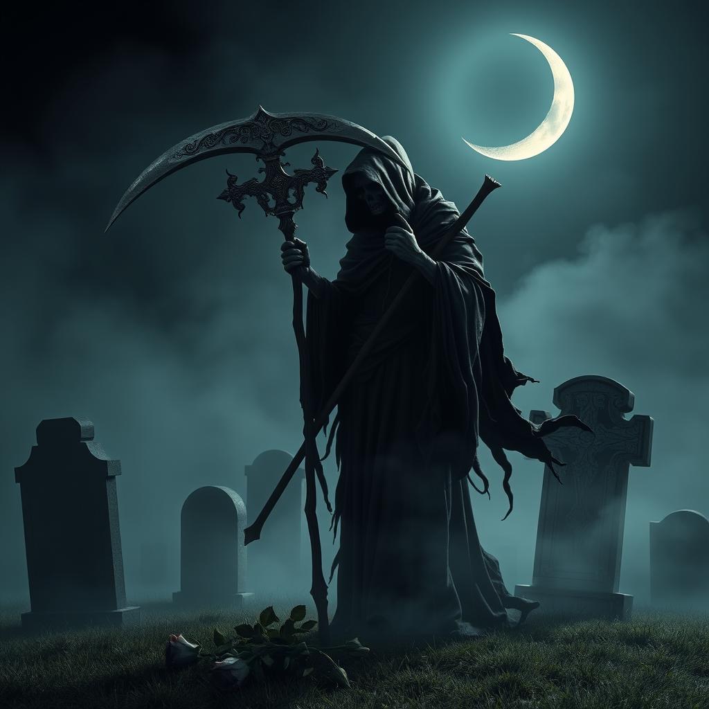 The iconic Grim Reaper stands ominously in a dark, misty graveyard under a waning crescent moon